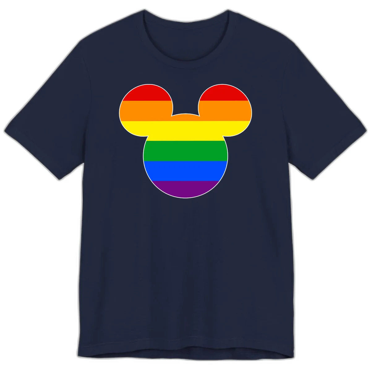 Rainbow pride flag Mickey Mouse ear silhouette with red, orange, yellow, green, blue and purple horizontal stripes in Navy