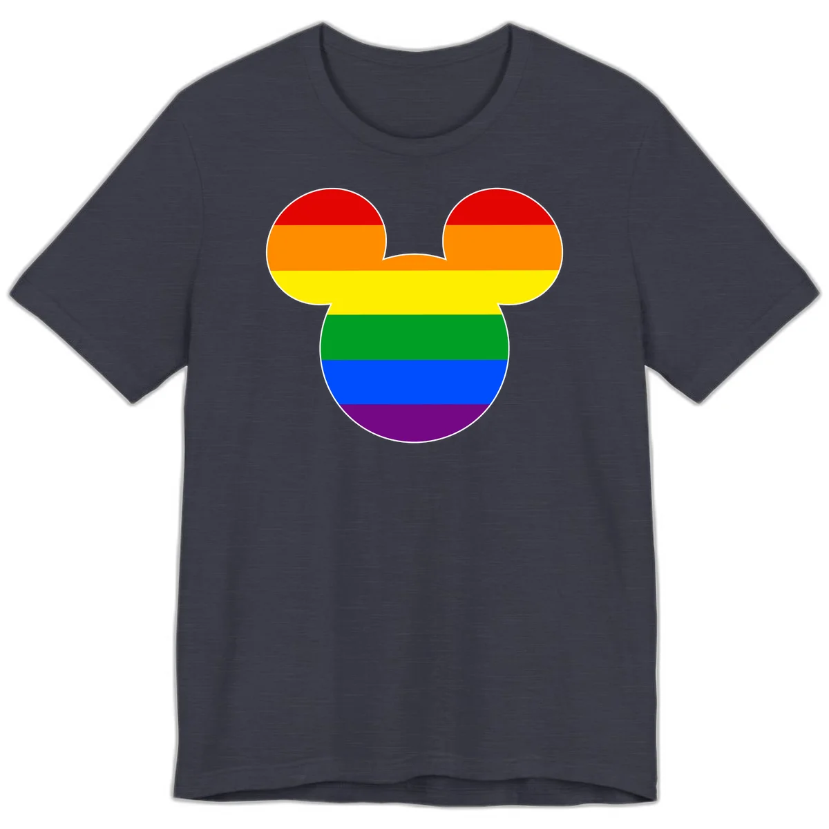 Rainbow pride flag Mickey Mouse ear silhouette with red, orange, yellow, green, blue and purple horizontal stripes in Heather Midnight Navy