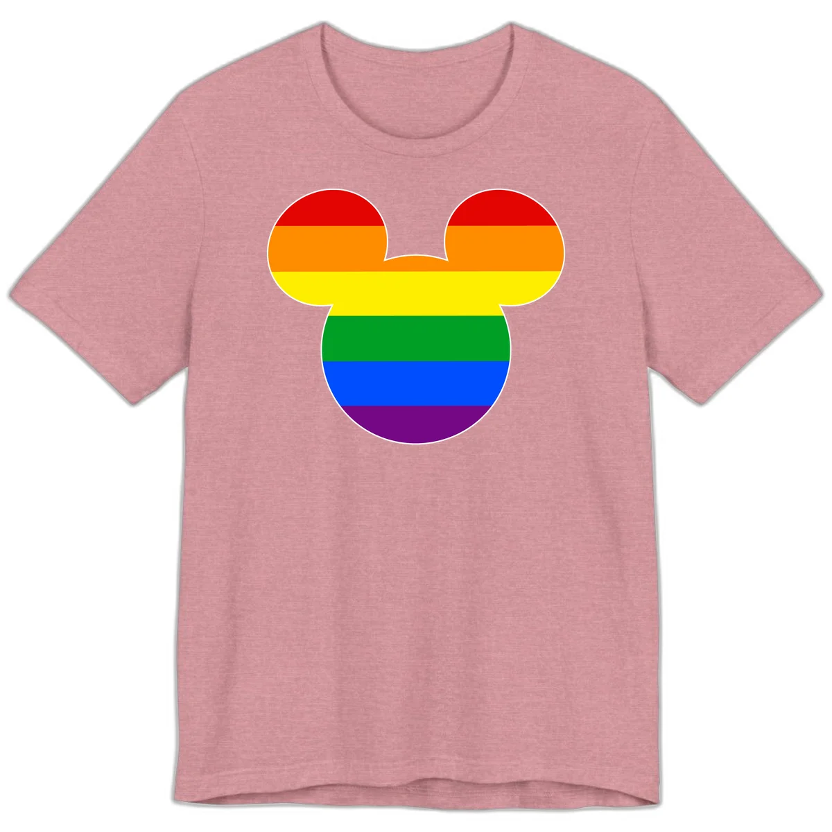 Rainbow pride flag Mickey Mouse ear silhouette with red, orange, yellow, green, blue and purple horizontal stripes in Heather Orchid