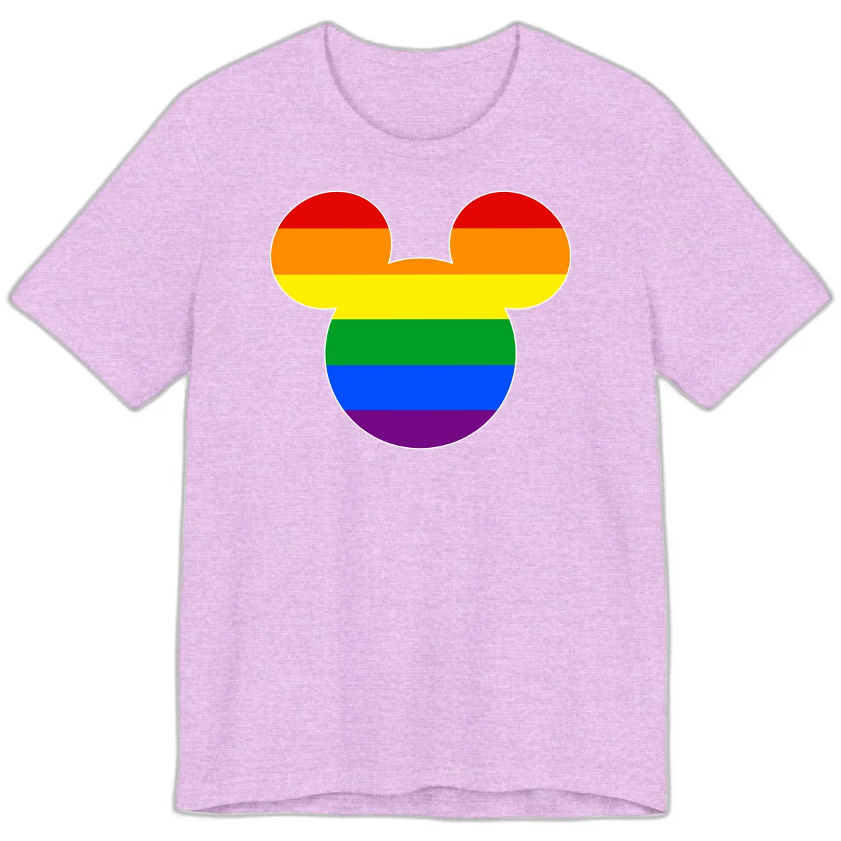 Rainbow pride flag Mickey Mouse ear silhouette with red, orange, yellow, green, blue and purple horizontal stripes in Heather Prism Lilac