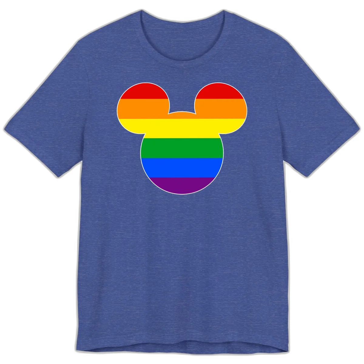 Rainbow pride flag Mickey Mouse ear silhouette with red, orange, yellow, green, blue and purple horizontal stripes in Heather True Royal