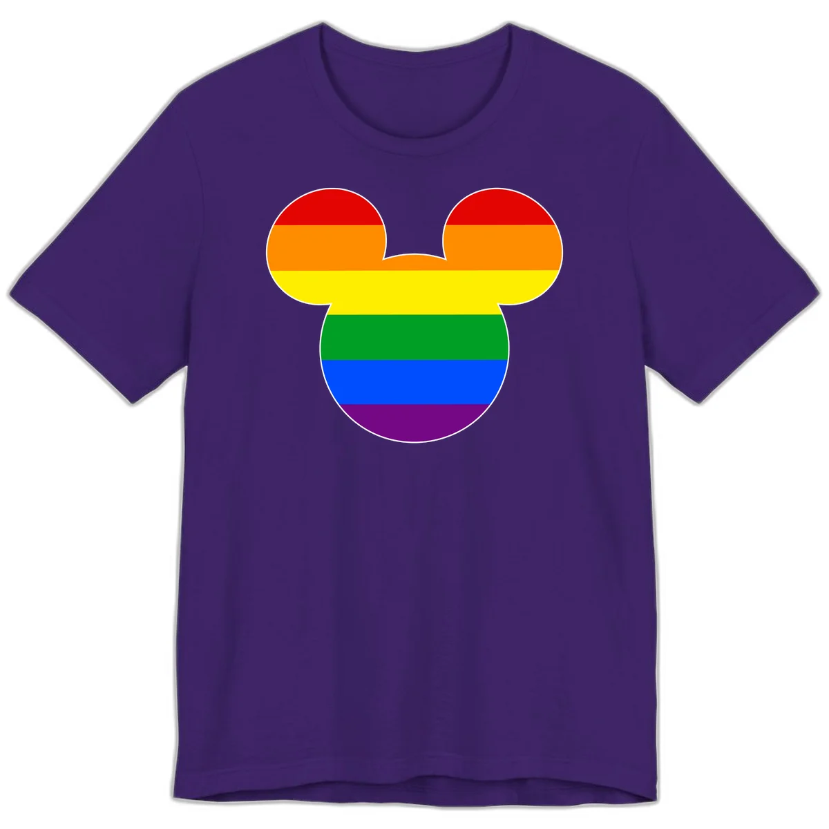 Rainbow pride flag Mickey Mouse ear silhouette with red, orange, yellow, green, blue and purple horizontal stripes in Team Purple