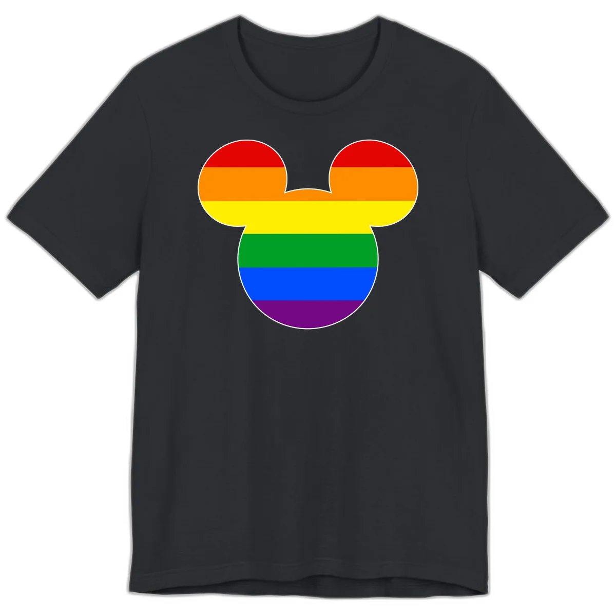 Rainbow pride flag Mickey Mouse ear silhouette with red, orange, yellow, green, blue and purple horizontal stripes in Vintage Black