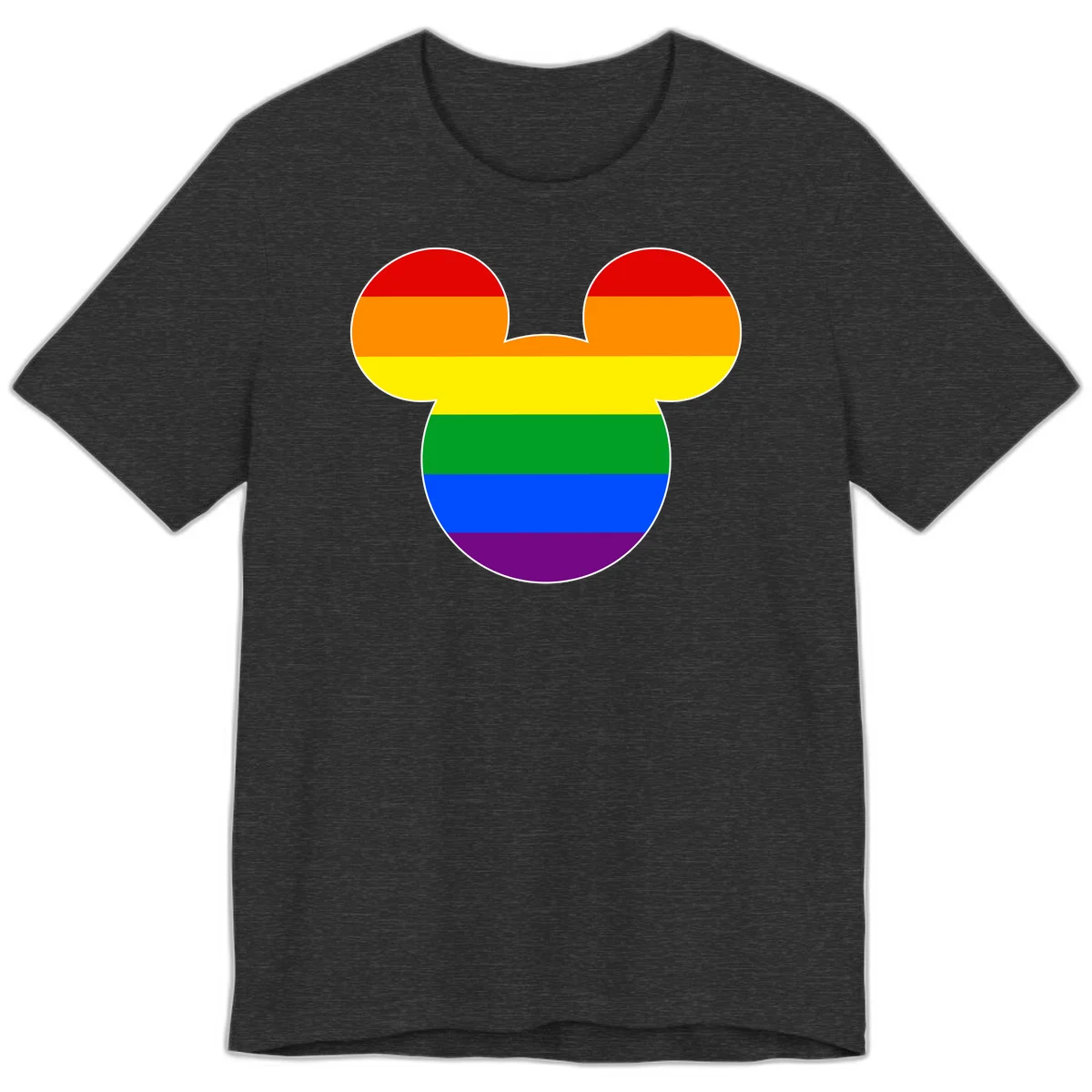 Rainbow pride flag Mickey Mouse ear silhouette with red, orange, yellow, green, blue and purple horizontal stripes in Dark Grey Heather