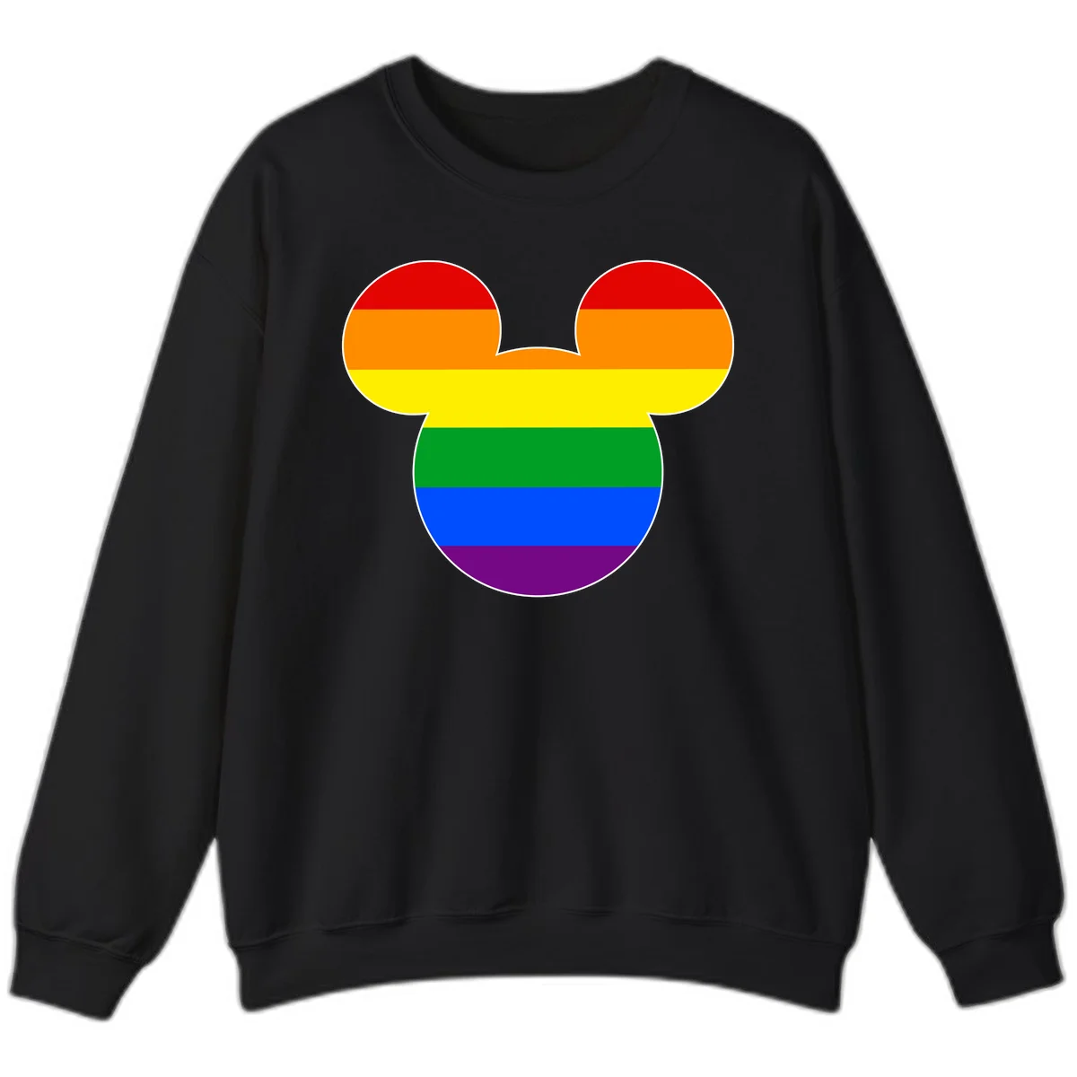 Rainbow pride flag Mickey Mouse ear silhouette with red, orange, yellow, green, blue and purple horizontal stripes in Black