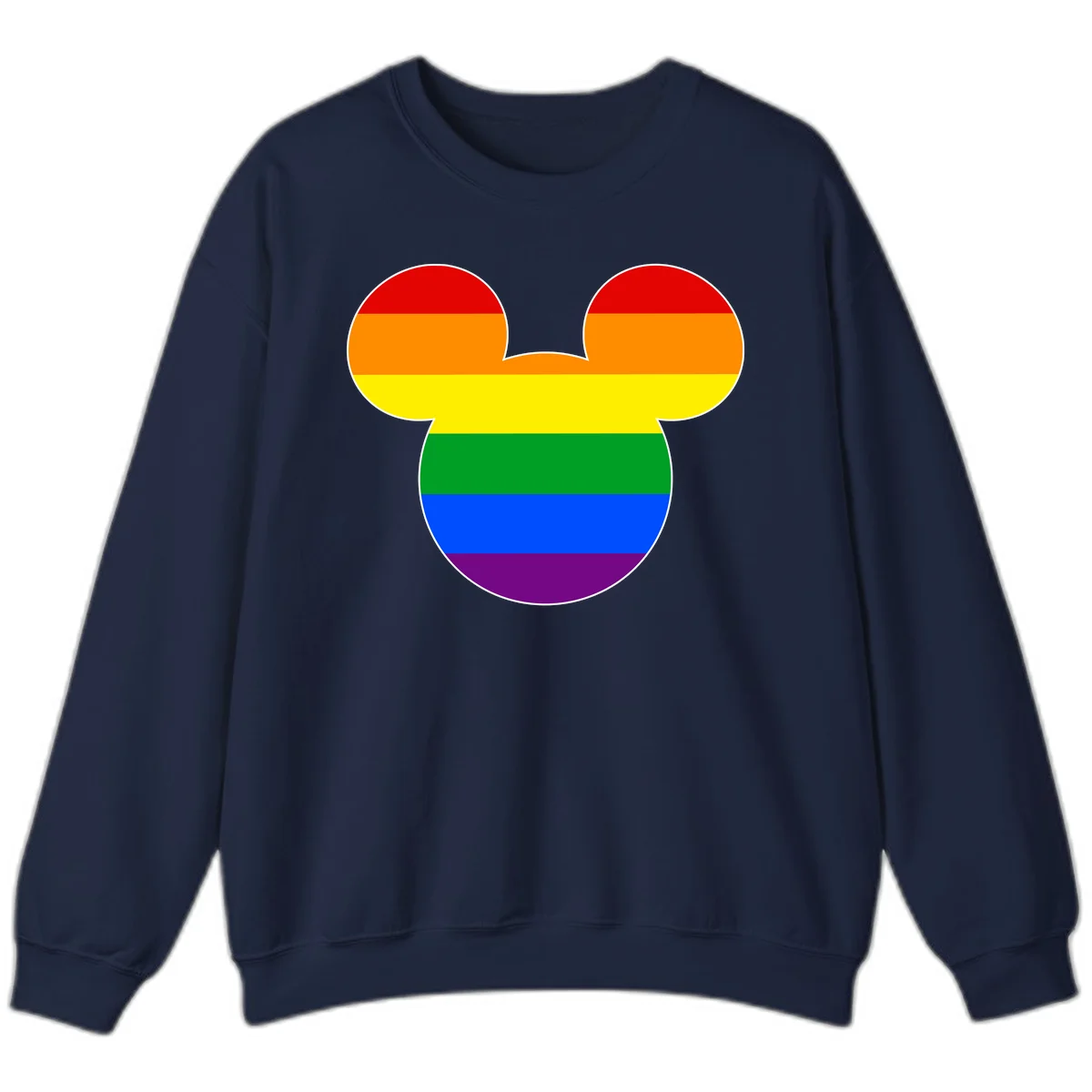 Rainbow pride flag Mickey Mouse ear silhouette with red, orange, yellow, green, blue and purple horizontal stripes in Navy