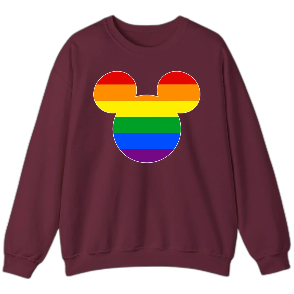 Rainbow pride flag Mickey Mouse ear silhouette with red, orange, yellow, green, blue and purple horizontal stripes in Maroon