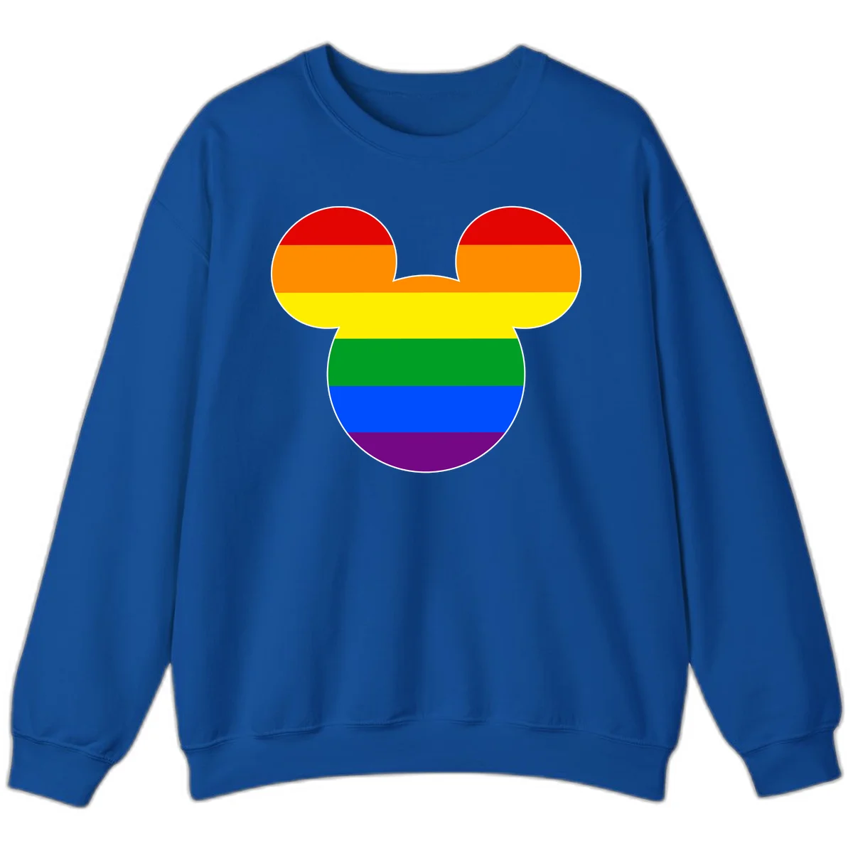 Rainbow pride flag Mickey Mouse ear silhouette with red, orange, yellow, green, blue and purple horizontal stripes in Royal