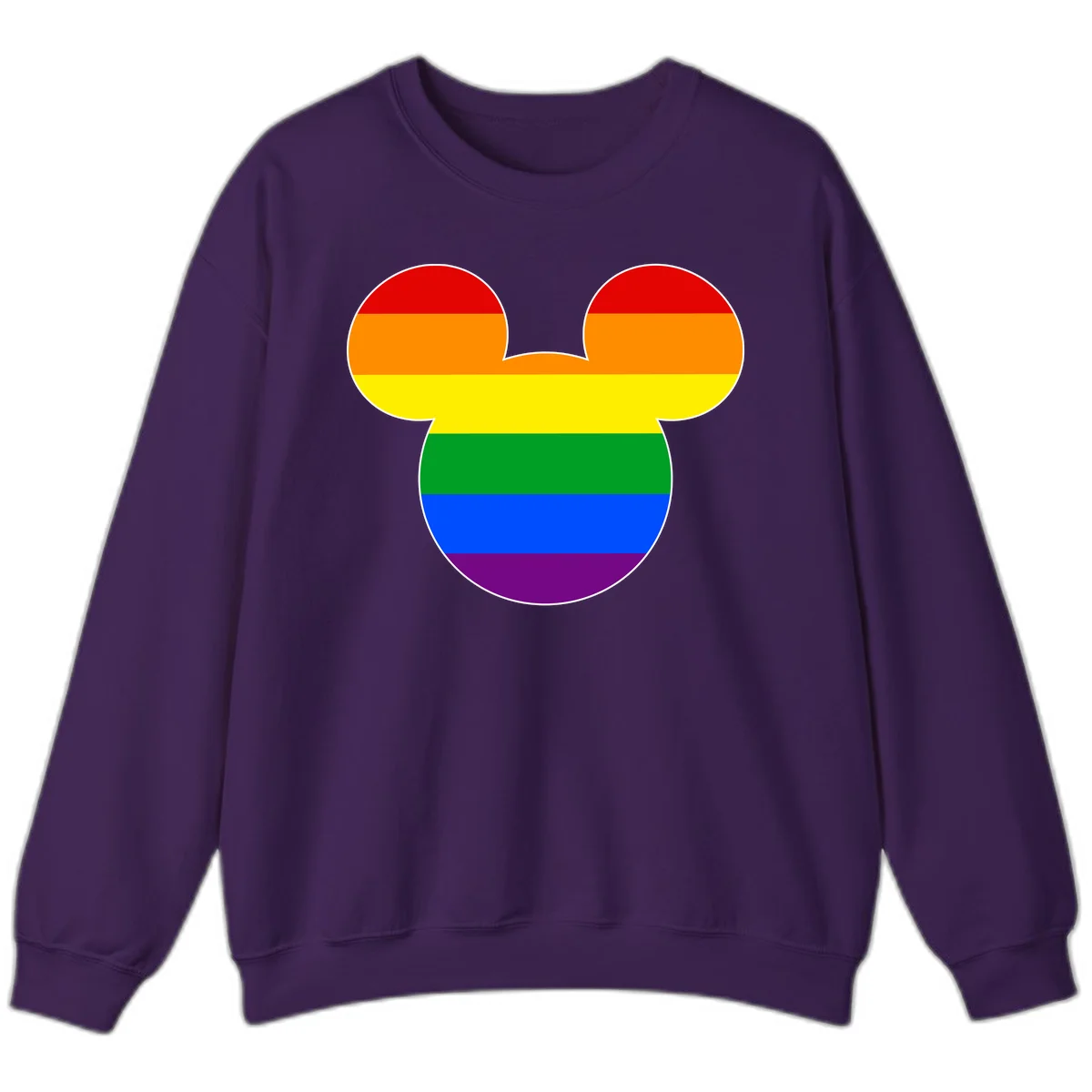 Rainbow pride flag Mickey Mouse ear silhouette with red, orange, yellow, green, blue and purple horizontal stripes in Purple