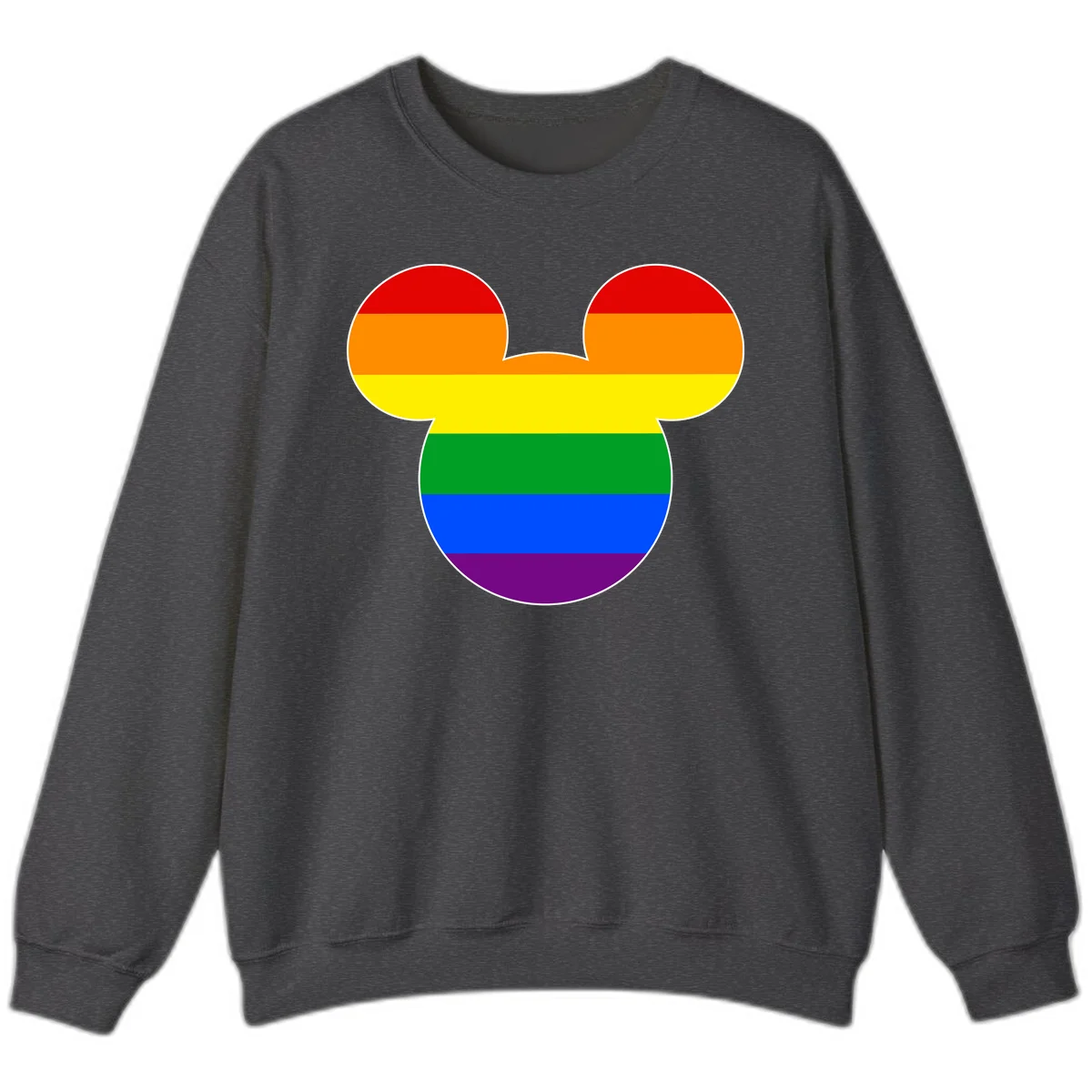 Rainbow pride flag Mickey Mouse ear silhouette with red, orange, yellow, green, blue and purple horizontal stripes in Dark Heather