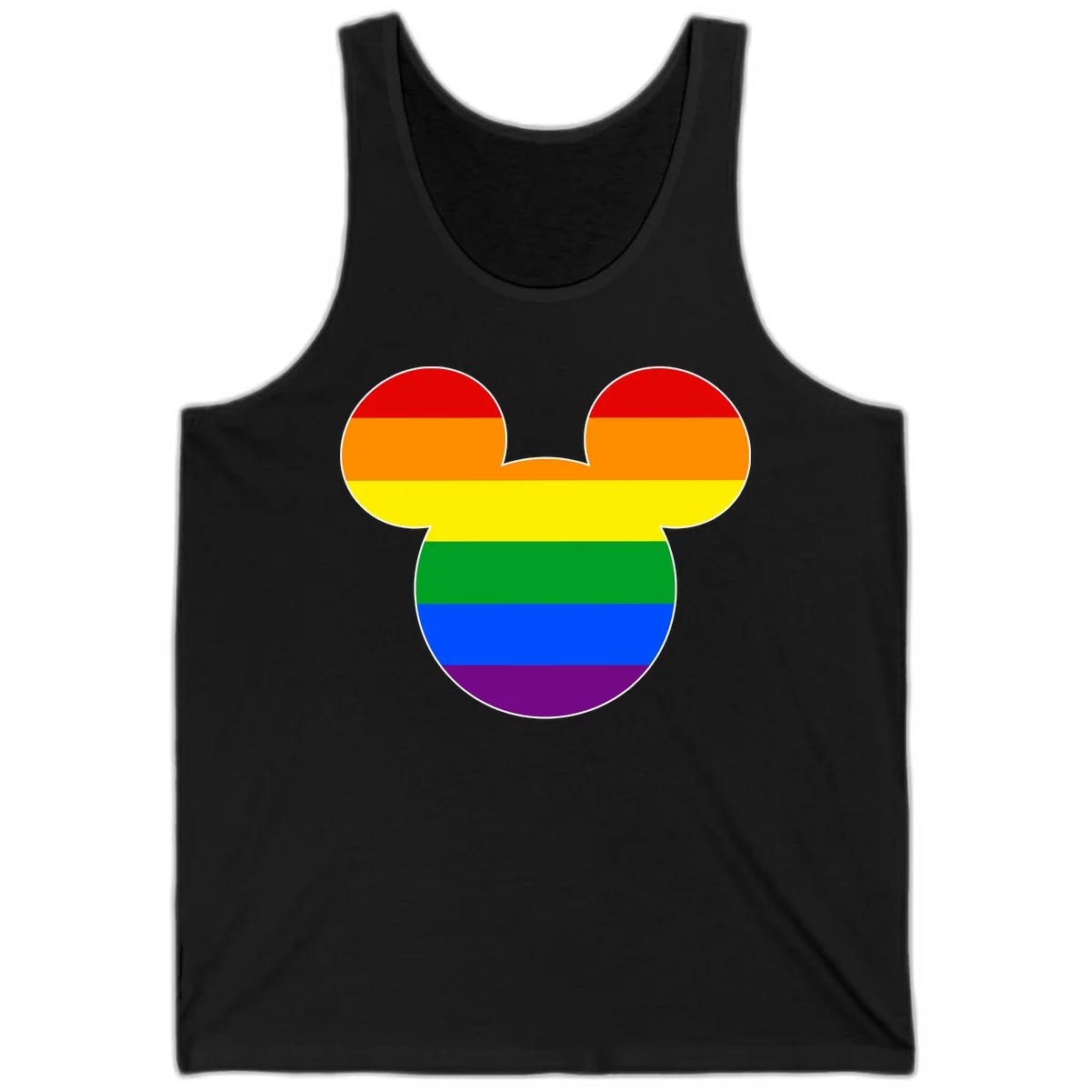 Rainbow pride flag Mickey Mouse ear silhouette with red, orange, yellow, green, blue and purple horizontal stripes in Black