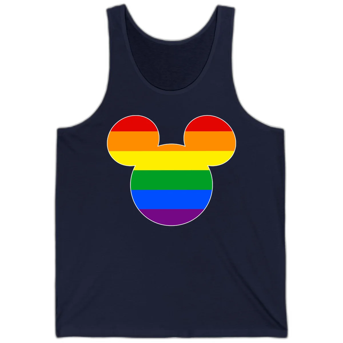 Rainbow pride flag Mickey Mouse ear silhouette with red, orange, yellow, green, blue and purple horizontal stripes in Navy