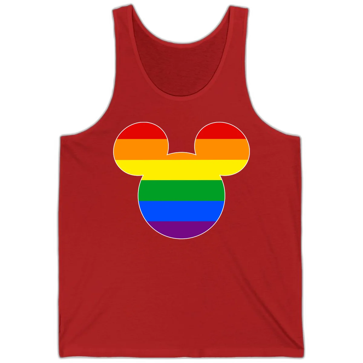 Rainbow pride flag Mickey Mouse ear silhouette with red, orange, yellow, green, blue and purple horizontal stripes in Red