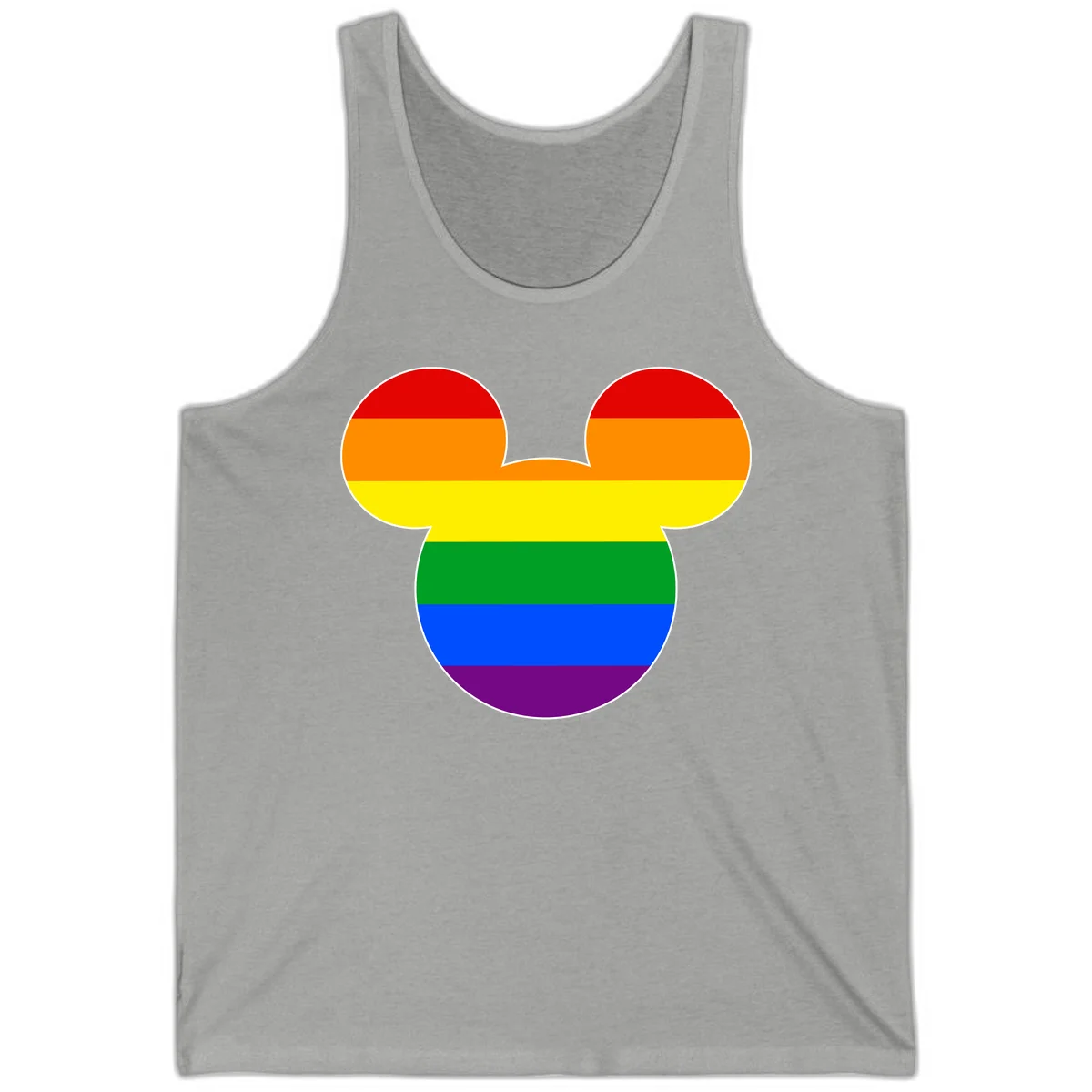 Rainbow pride flag Mickey Mouse ear silhouette with red, orange, yellow, green, blue and purple horizontal stripes in Athletic Heather