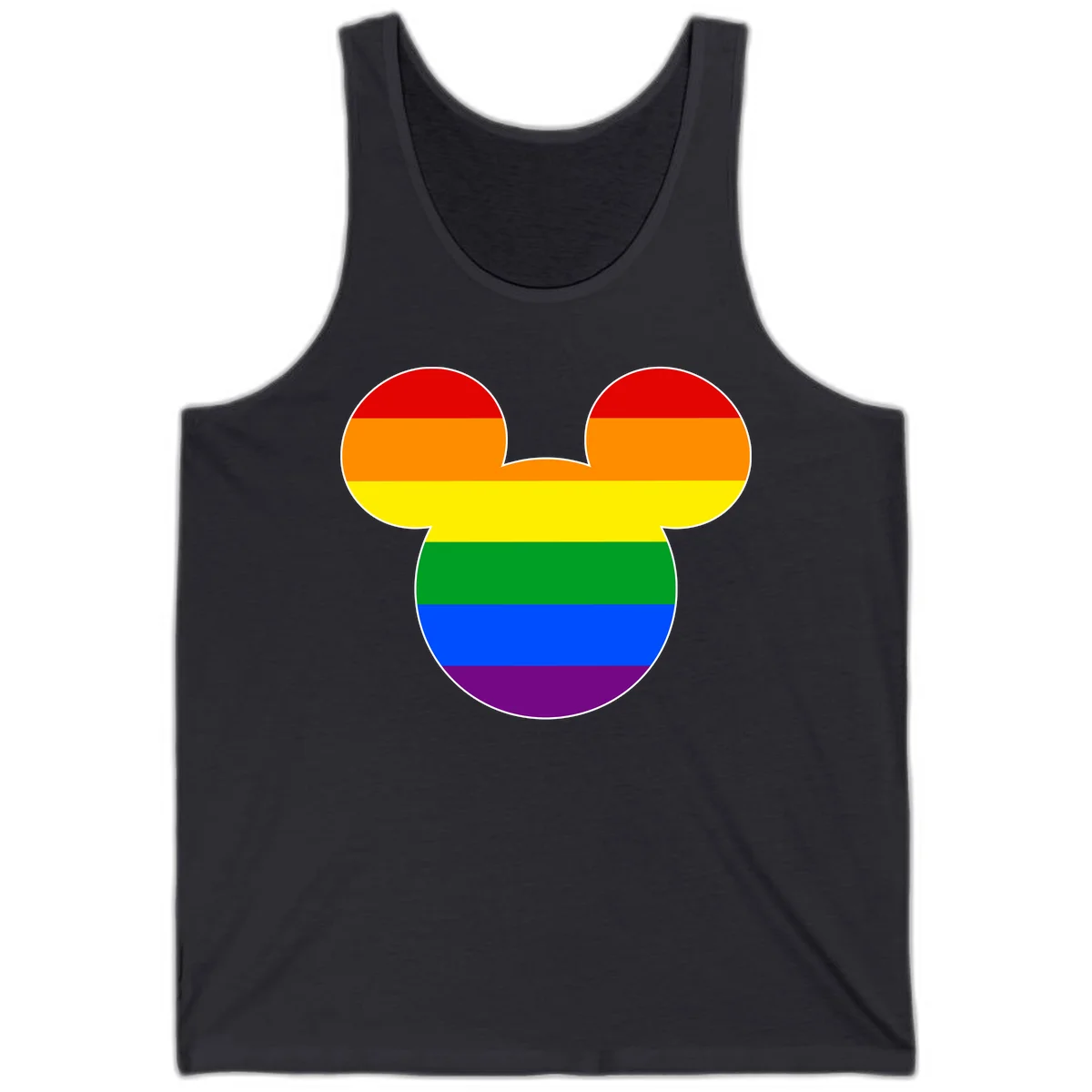 Rainbow pride flag Mickey Mouse ear silhouette with red, orange, yellow, green, blue and purple horizontal stripes in Dark Grey