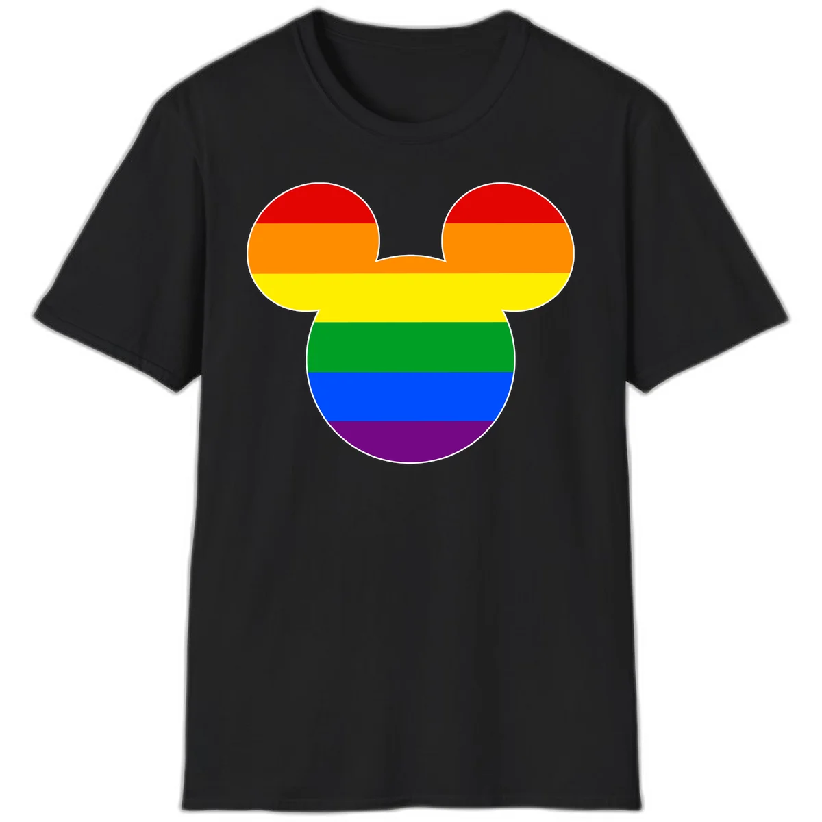 Rainbow pride flag Mickey Mouse ear silhouette with red, orange, yellow, green, blue and purple horizontal stripes in Black