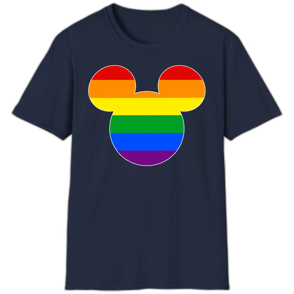 Rainbow pride flag Mickey Mouse ear silhouette with red, orange, yellow, green, blue and purple horizontal stripes in Navy