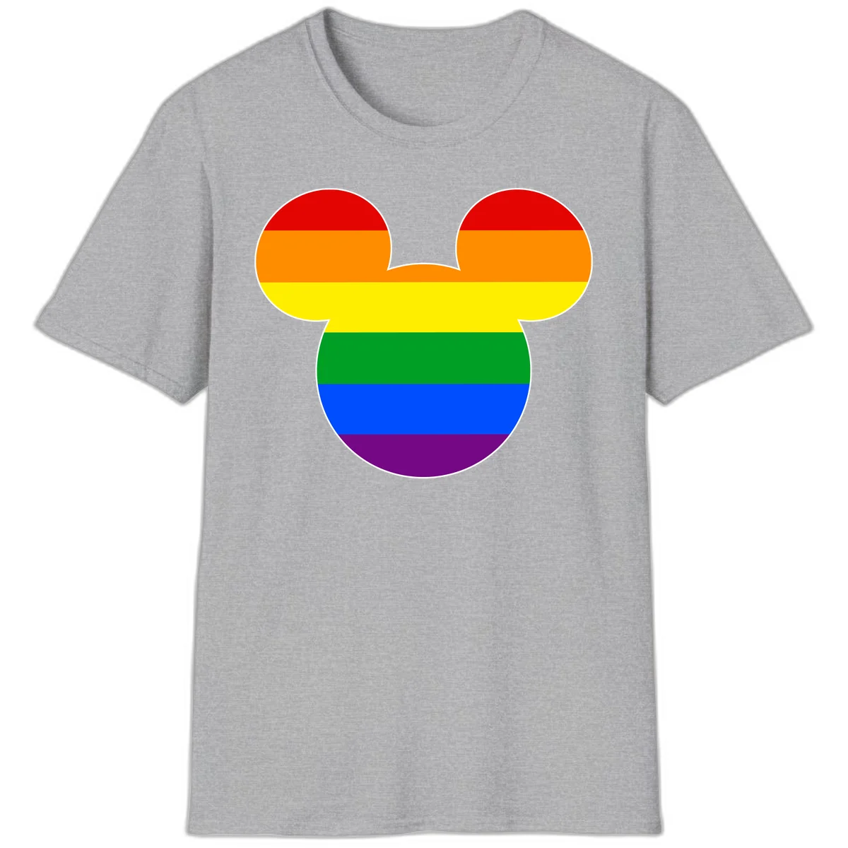 Rainbow pride flag Mickey Mouse ear silhouette with red, orange, yellow, green, blue and purple horizontal stripes in Sport Grey