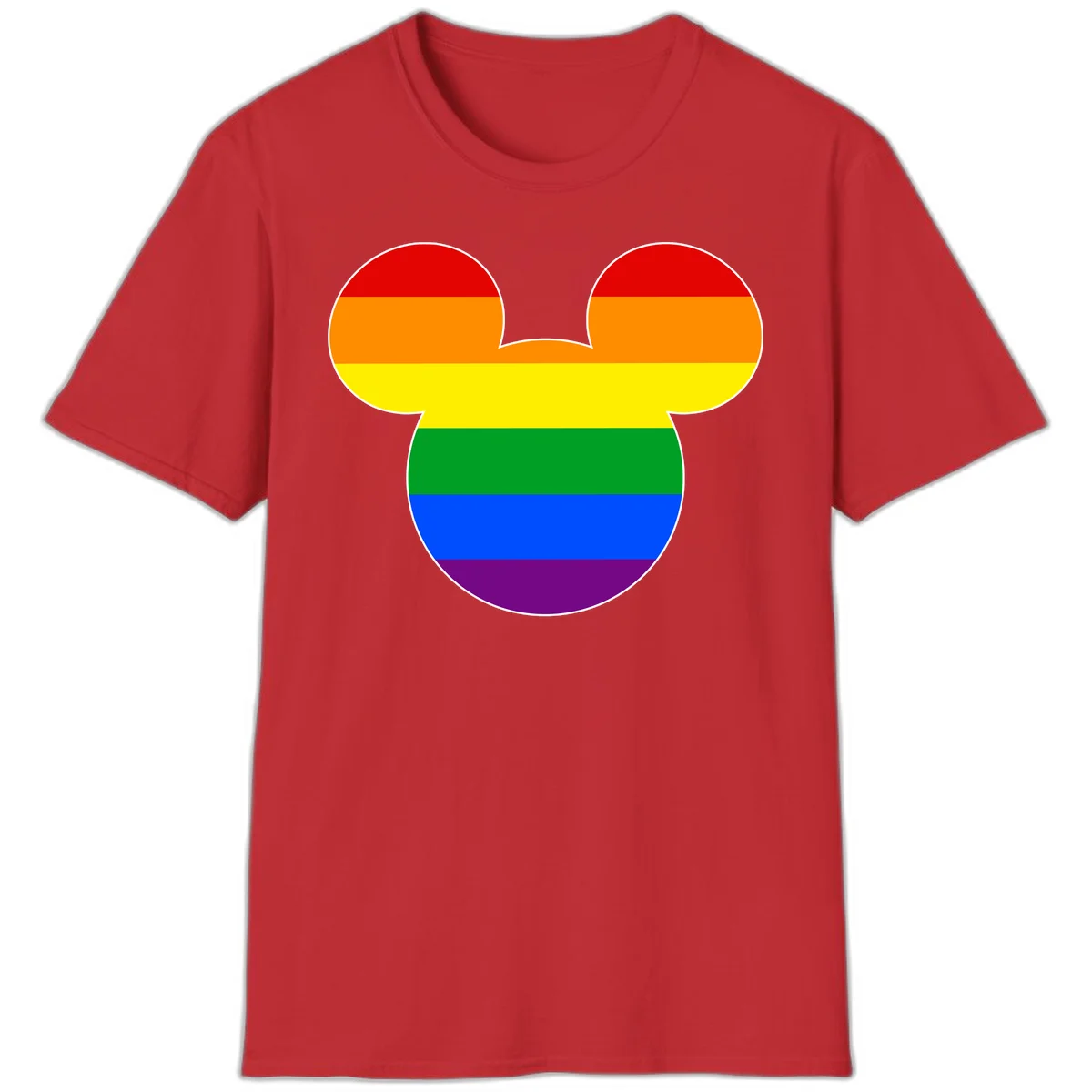 Rainbow pride flag Mickey Mouse ear silhouette with red, orange, yellow, green, blue and purple horizontal stripes in Red