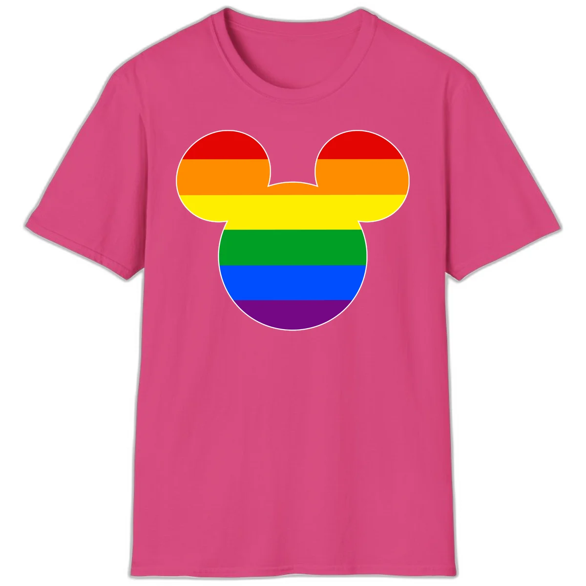 Rainbow pride flag Mickey Mouse ear silhouette with red, orange, yellow, green, blue and purple horizontal stripes in Heliconia