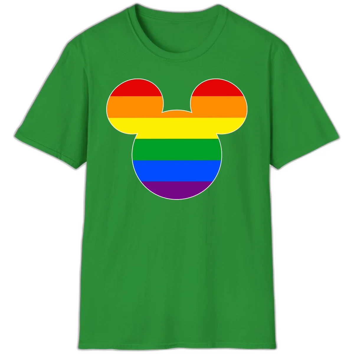 Rainbow pride flag Mickey Mouse ear silhouette with red, orange, yellow, green, blue and purple horizontal stripes in Irish Green