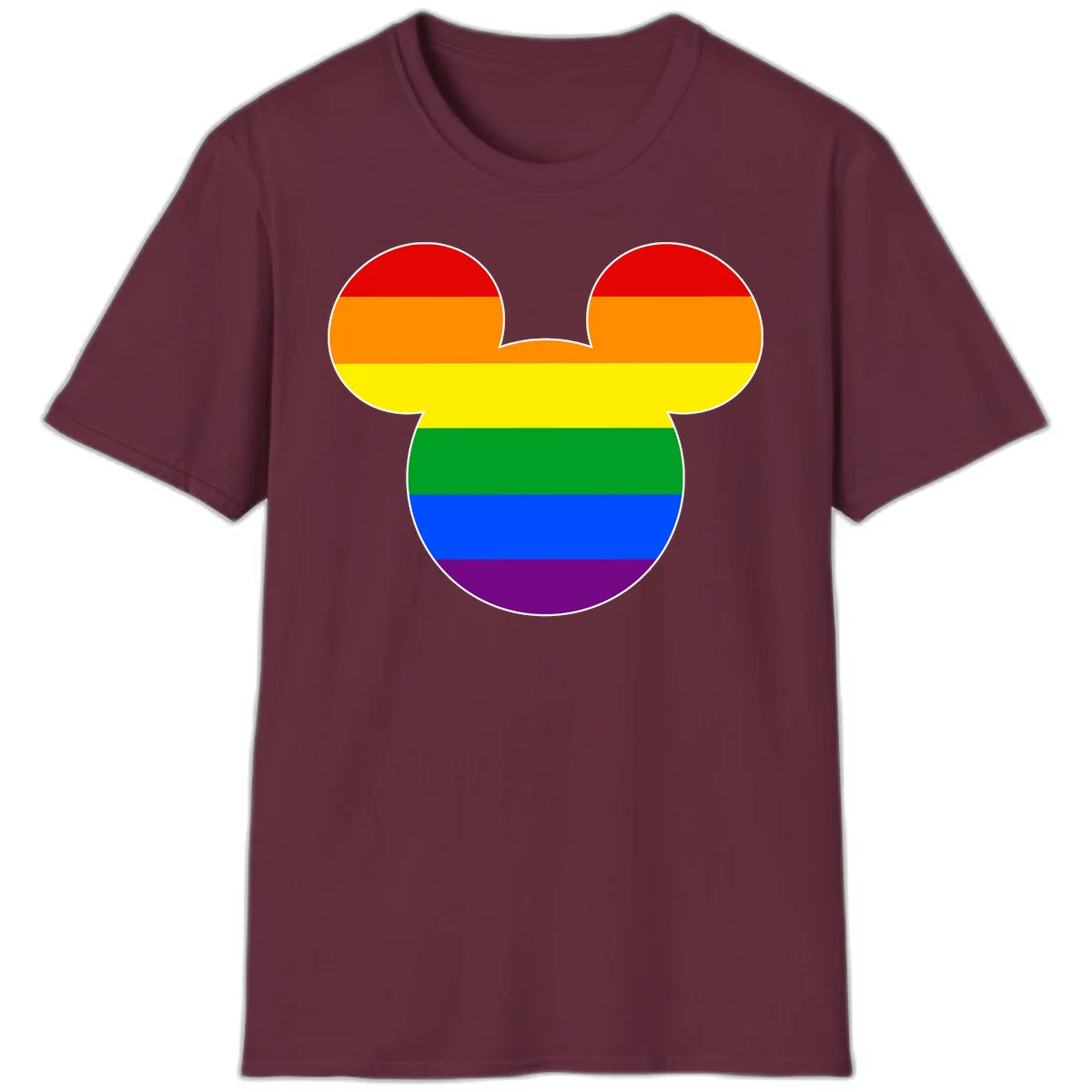 Rainbow pride flag Mickey Mouse ear silhouette with red, orange, yellow, green, blue and purple horizontal stripes in Maroon