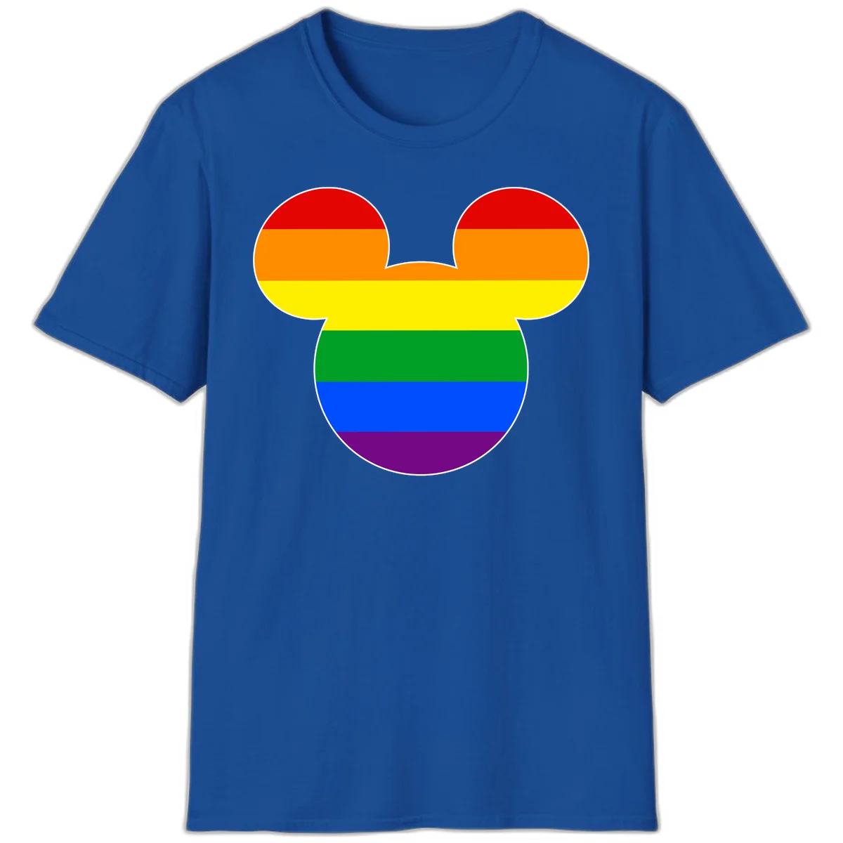Rainbow pride flag Mickey Mouse ear silhouette with red, orange, yellow, green, blue and purple horizontal stripes in Royal