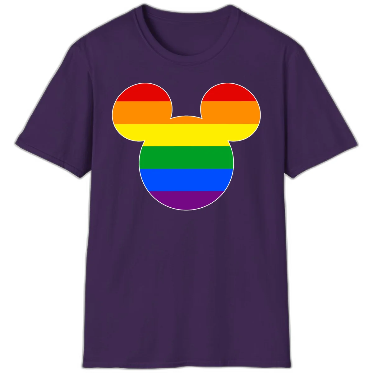 Rainbow pride flag Mickey Mouse ear silhouette with red, orange, yellow, green, blue and purple horizontal stripes in Purple