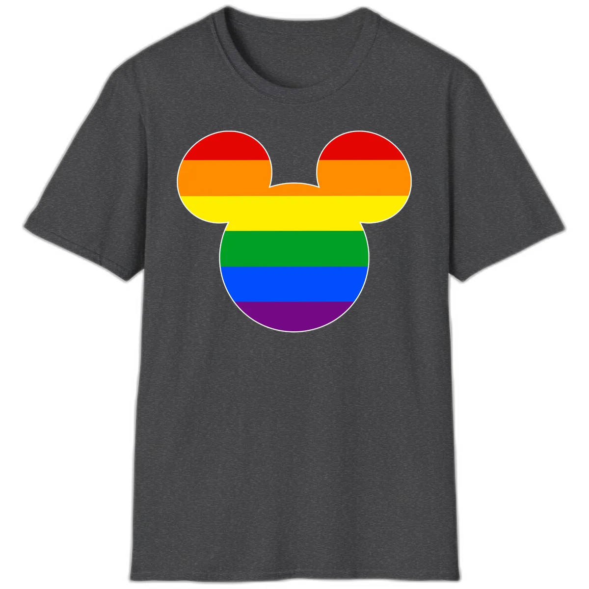 Rainbow pride flag Mickey Mouse ear silhouette with red, orange, yellow, green, blue and purple horizontal stripes in Dark Heather