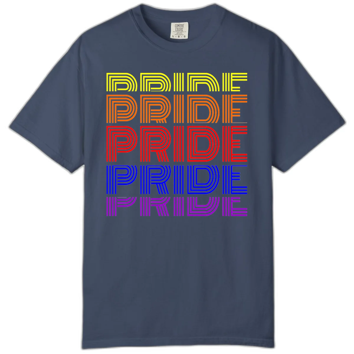 Rainbow-pride-stripes design with the word PRIDE repeated five times in yellow, orange, red, blue, and purple concentric lines on gray background in Midnight