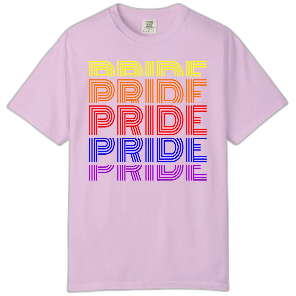 Rainbow-pride-stripes design with the word PRIDE repeated five times in yellow, orange, red, blue, and purple concentric lines on gray background in Orchid