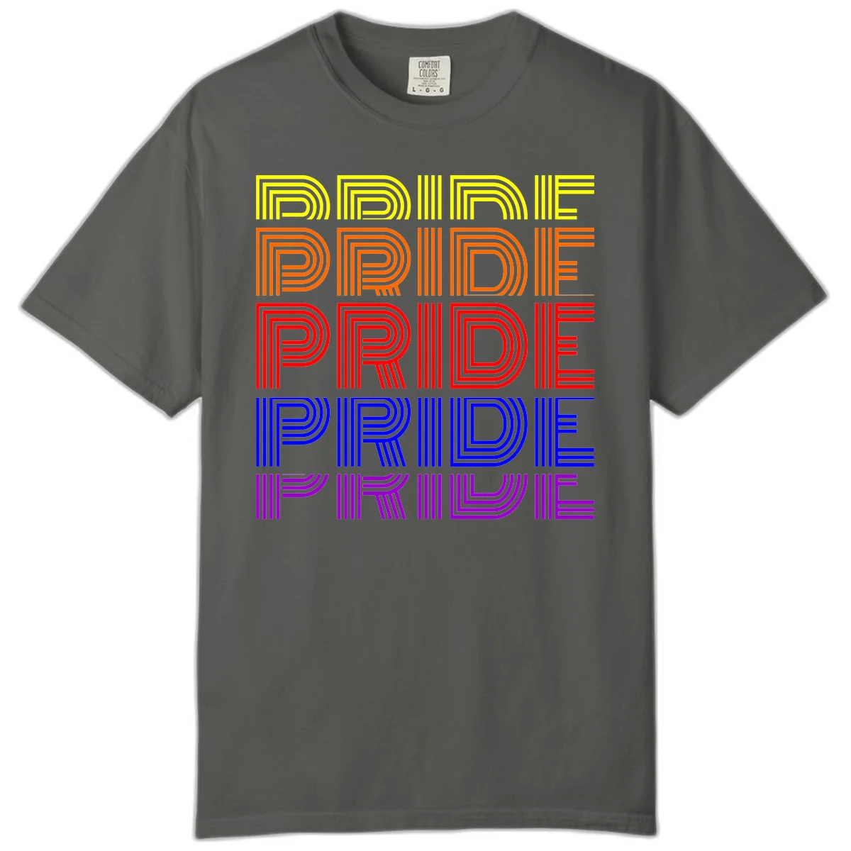 Rainbow-pride-stripes design with the word PRIDE repeated five times in yellow, orange, red, blue, and purple concentric lines on gray background in Pepper