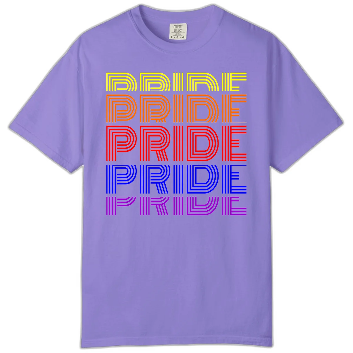 Rainbow-pride-stripes design with the word PRIDE repeated five times in yellow, orange, red, blue, and purple concentric lines on gray background in Violet