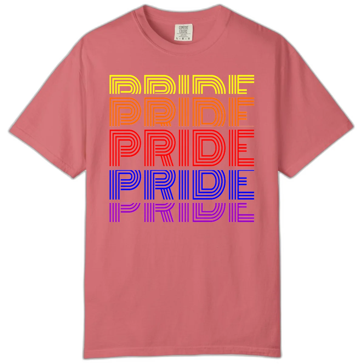 Rainbow-pride-stripes design with the word PRIDE repeated five times in yellow, orange, red, blue, and purple concentric lines on gray background in Watermelon