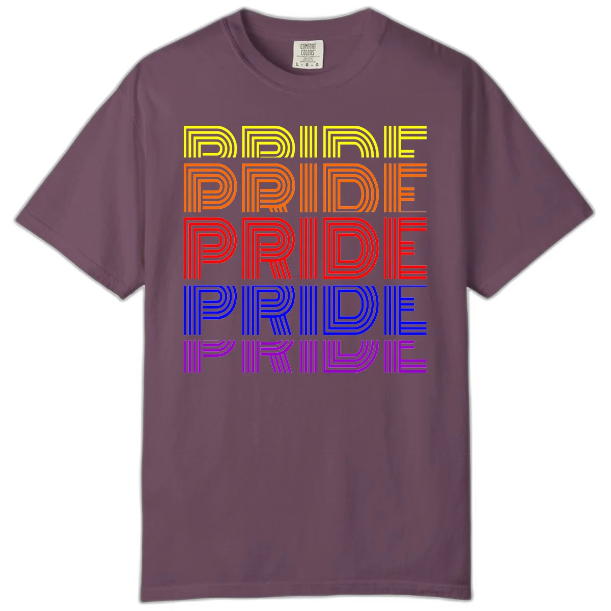 Rainbow-pride-stripes design with the word PRIDE repeated five times in yellow, orange, red, blue, and purple concentric lines on gray background in Berry