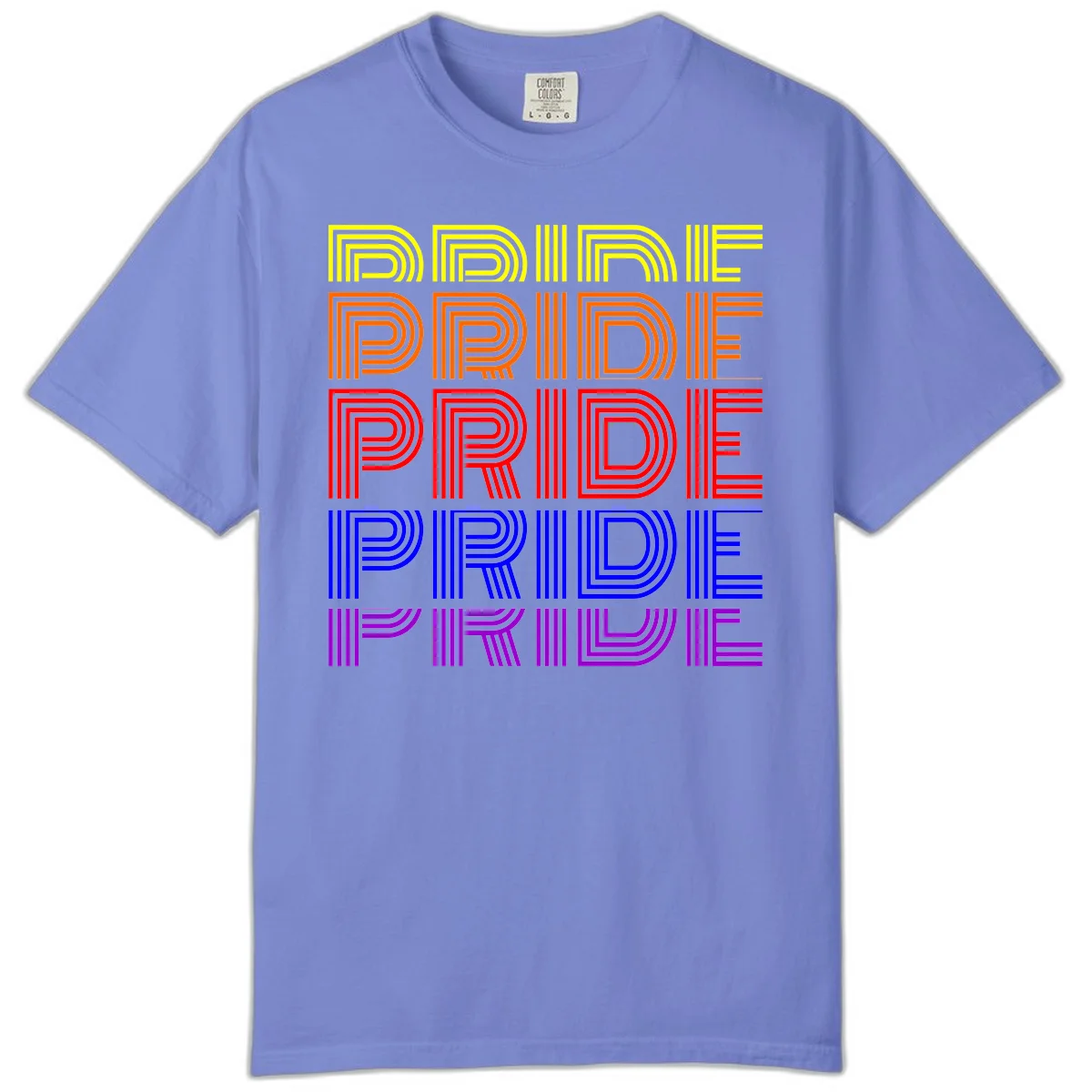 Rainbow-pride-stripes design with the word PRIDE repeated five times in yellow, orange, red, blue, and purple concentric lines on gray background in Flo Blue