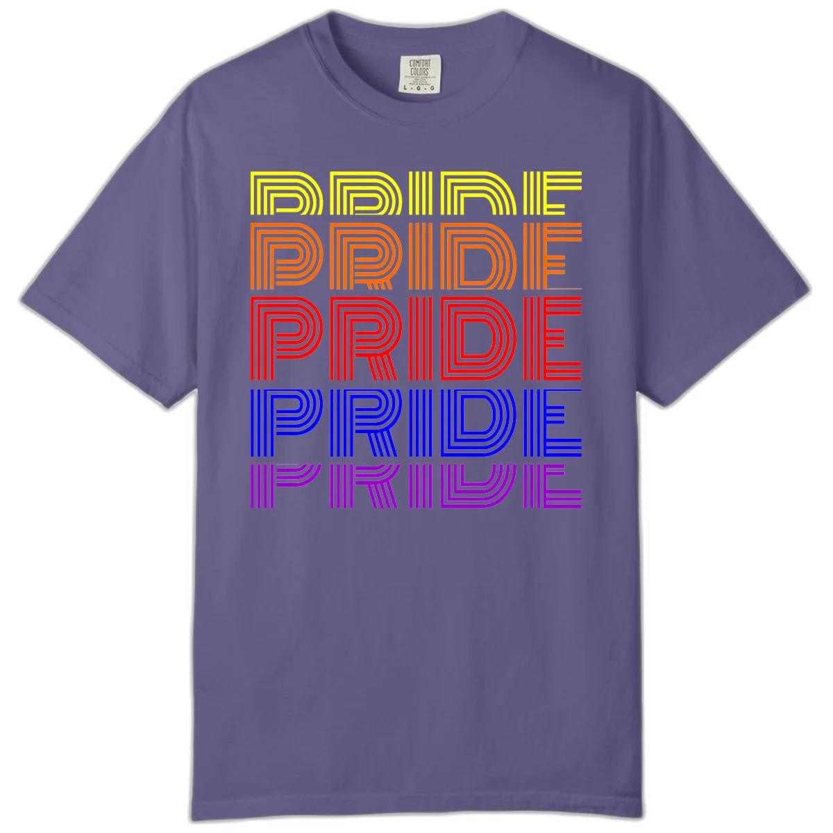 Rainbow-pride-stripes design with the word PRIDE repeated five times in yellow, orange, red, blue, and purple concentric lines on gray background in Grape