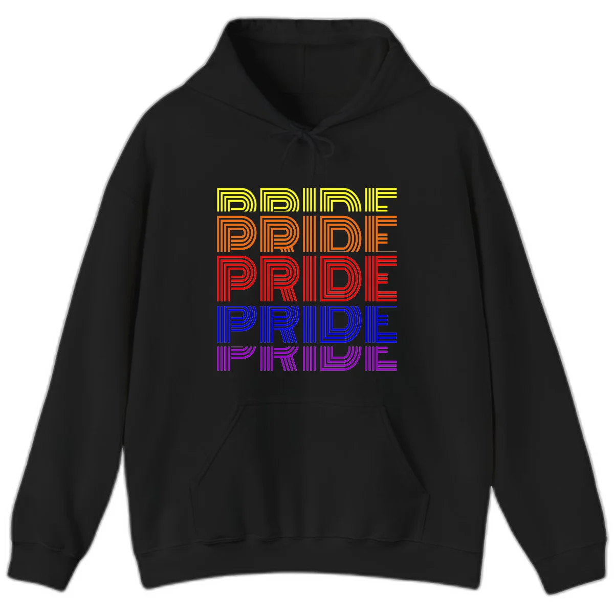 Rainbow-pride-stripes design with the word PRIDE repeated five times in yellow, orange, red, blue, and purple concentric lines on gray background in Black