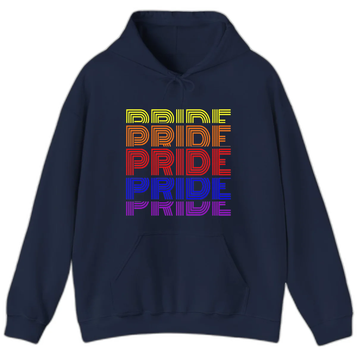 Rainbow-pride-stripes design with the word PRIDE repeated five times in yellow, orange, red, blue, and purple concentric lines on gray background in Navy