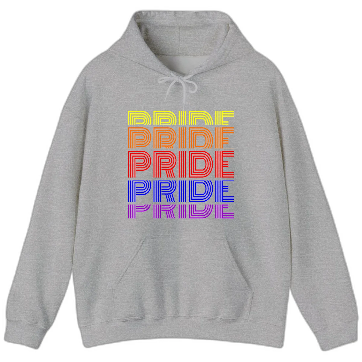 Rainbow-pride-stripes design with the word PRIDE repeated five times in yellow, orange, red, blue, and purple concentric lines on gray background in Sport Grey