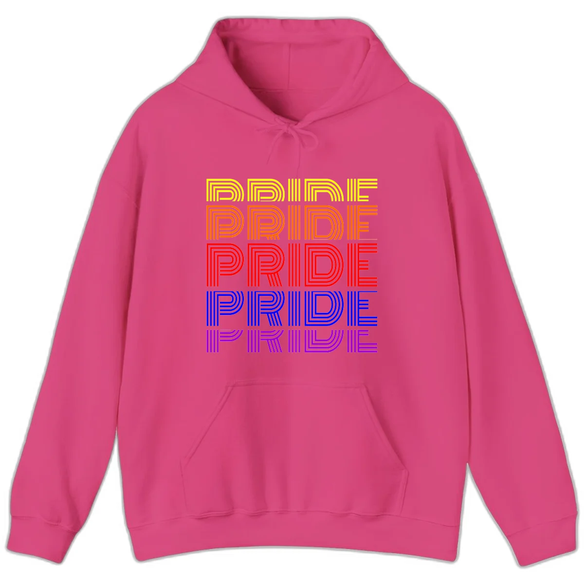 Rainbow-pride-stripes design with the word PRIDE repeated five times in yellow, orange, red, blue, and purple concentric lines on gray background in Heliconia
