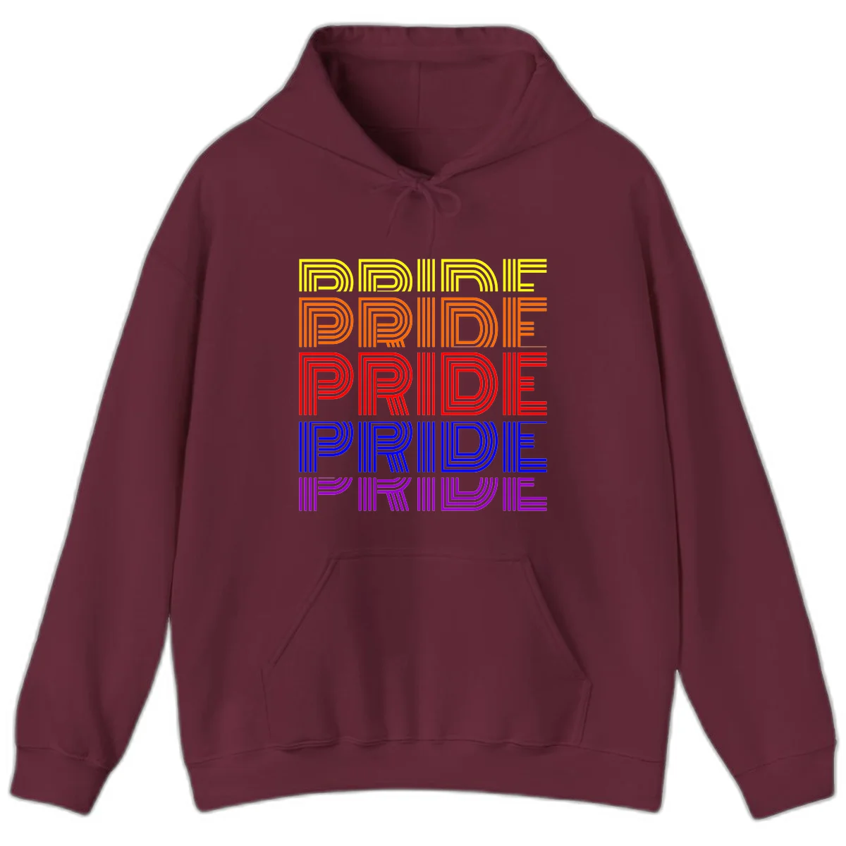 Rainbow-pride-stripes design with the word PRIDE repeated five times in yellow, orange, red, blue, and purple concentric lines on gray background in Maroon