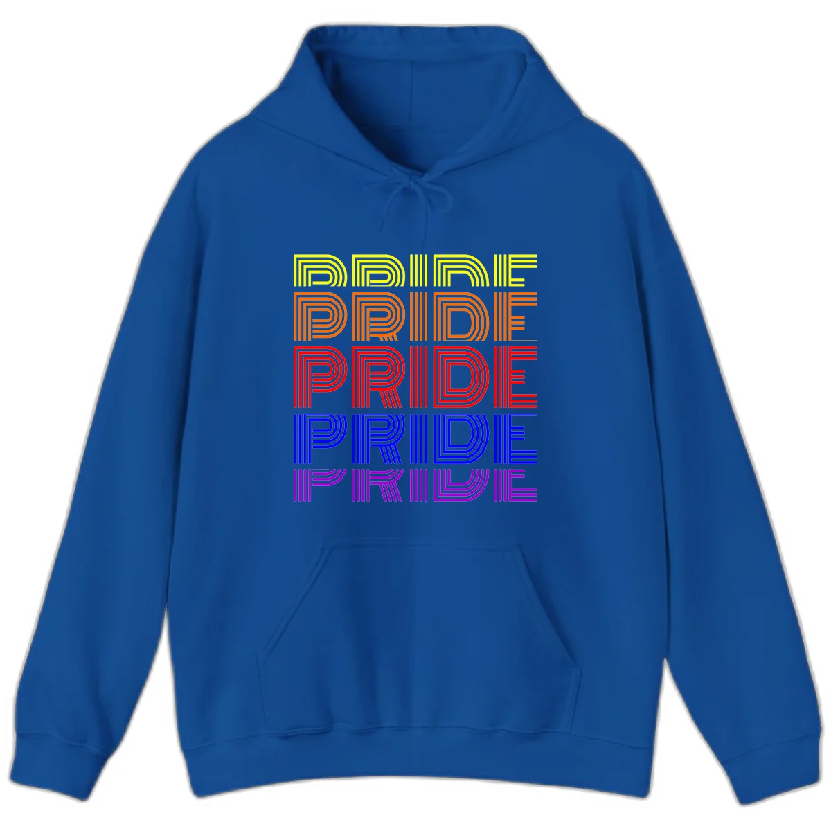 Rainbow-pride-stripes design with the word PRIDE repeated five times in yellow, orange, red, blue, and purple concentric lines on gray background in Royal