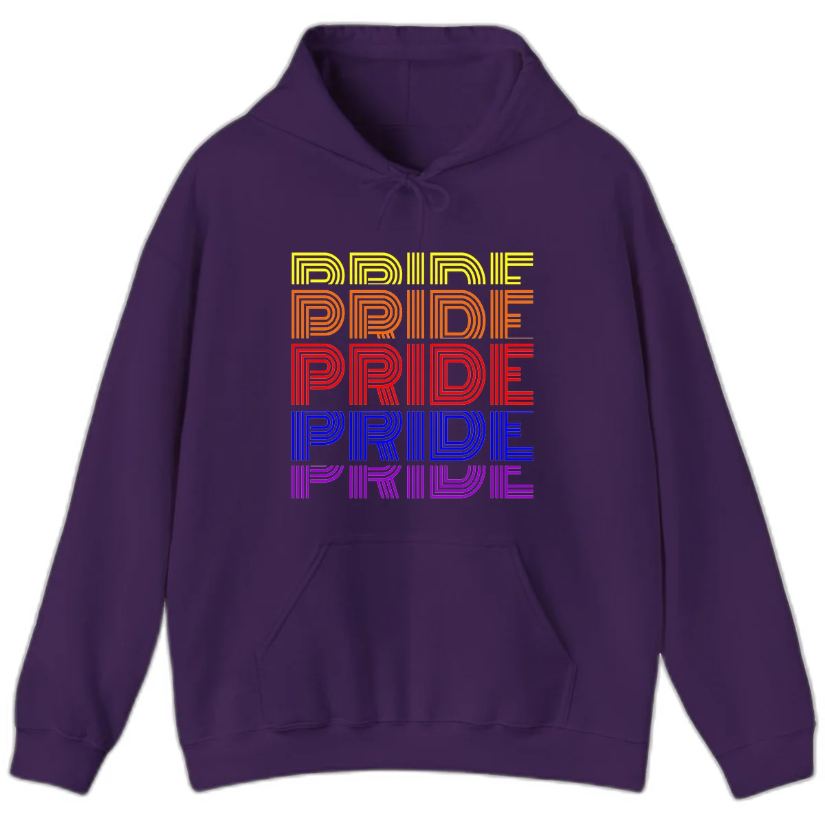 Rainbow-pride-stripes design with the word PRIDE repeated five times in yellow, orange, red, blue, and purple concentric lines on gray background in Purple