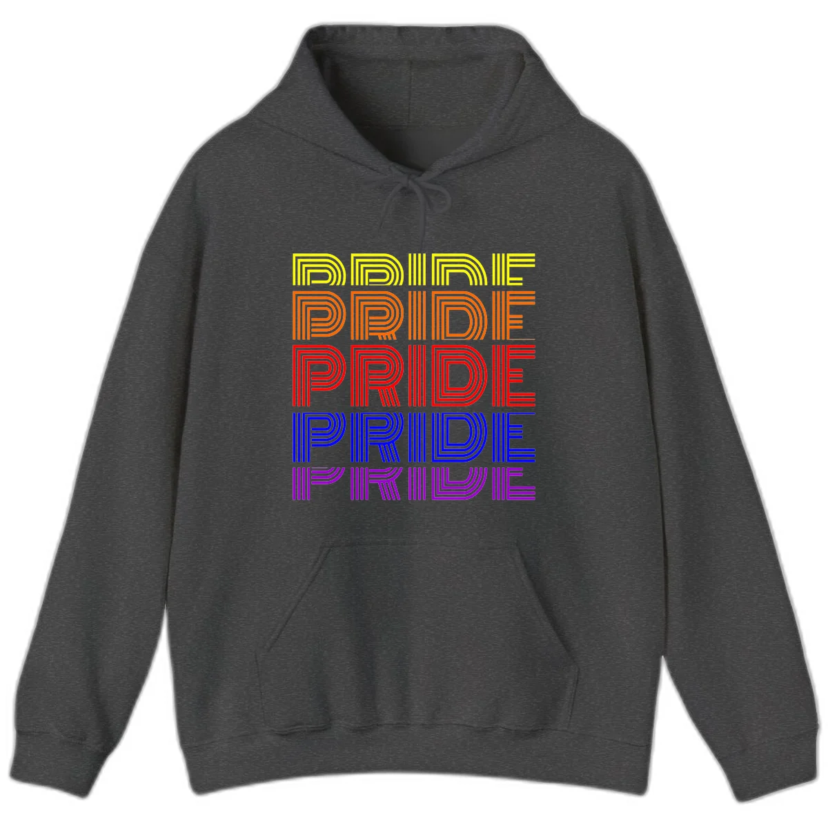 Rainbow-pride-stripes design with the word PRIDE repeated five times in yellow, orange, red, blue, and purple concentric lines on gray background in Dark Heather