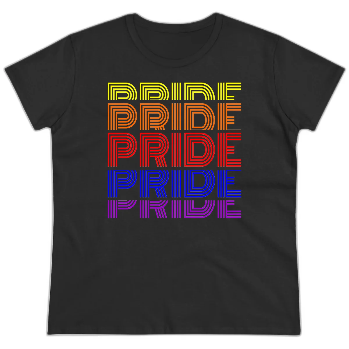 Rainbow-pride-stripes design with the word PRIDE repeated five times in yellow, orange, red, blue, and purple concentric lines on gray background in Black