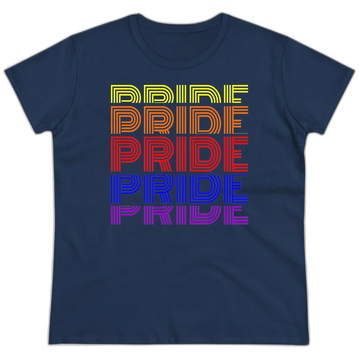 Rainbow-pride-stripes design with the word PRIDE repeated five times in yellow, orange, red, blue, and purple concentric lines on gray background in Navy