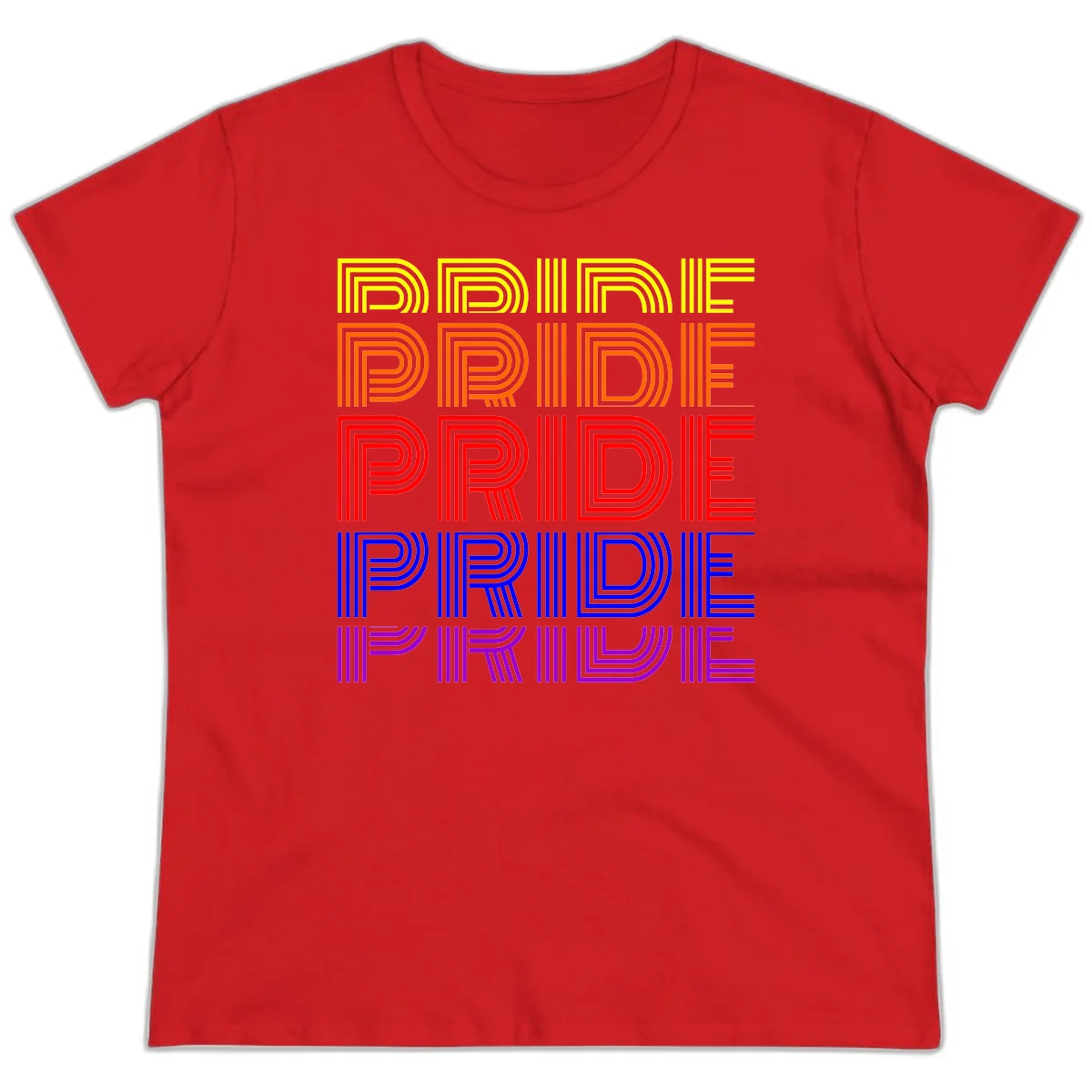 Rainbow-pride-stripes design with the word PRIDE repeated five times in yellow, orange, red, blue, and purple concentric lines on gray background in Red