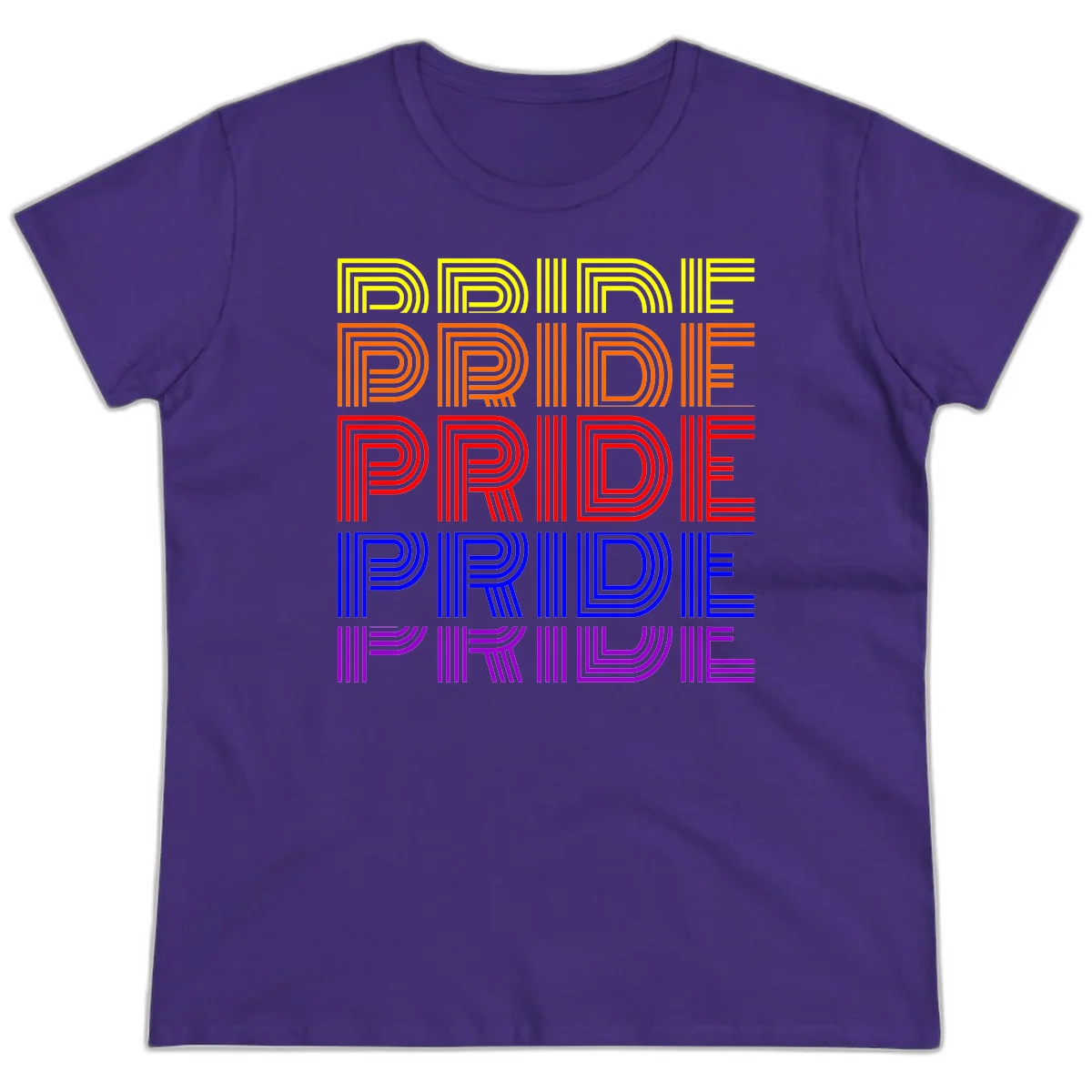 Rainbow-pride-stripes design with the word PRIDE repeated five times in yellow, orange, red, blue, and purple concentric lines on gray background in Purple