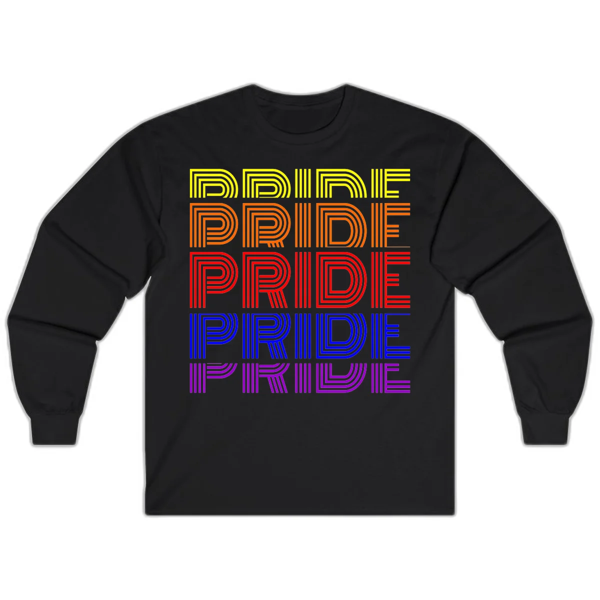 Rainbow-pride-stripes design with the word PRIDE repeated five times in yellow, orange, red, blue, and purple concentric lines on gray background in Black